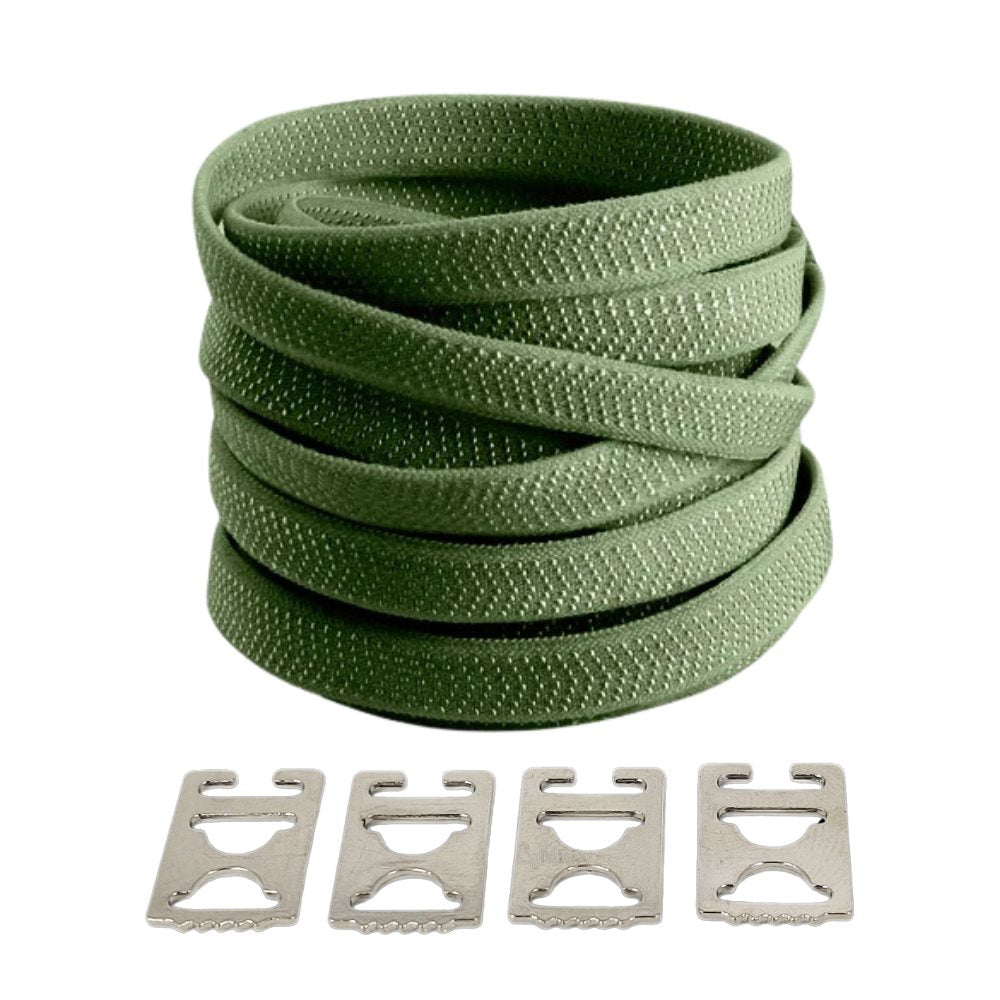 Army green textured elastic no-tie shoelaces with an invisible clip.