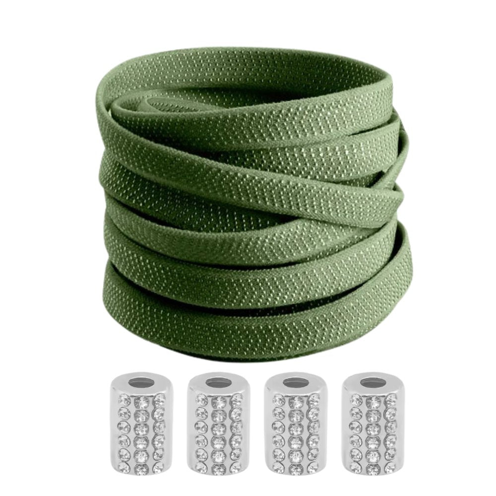 Army green textured elastic no-tie shoelaces with a round anklet lock and rhinestone gems.