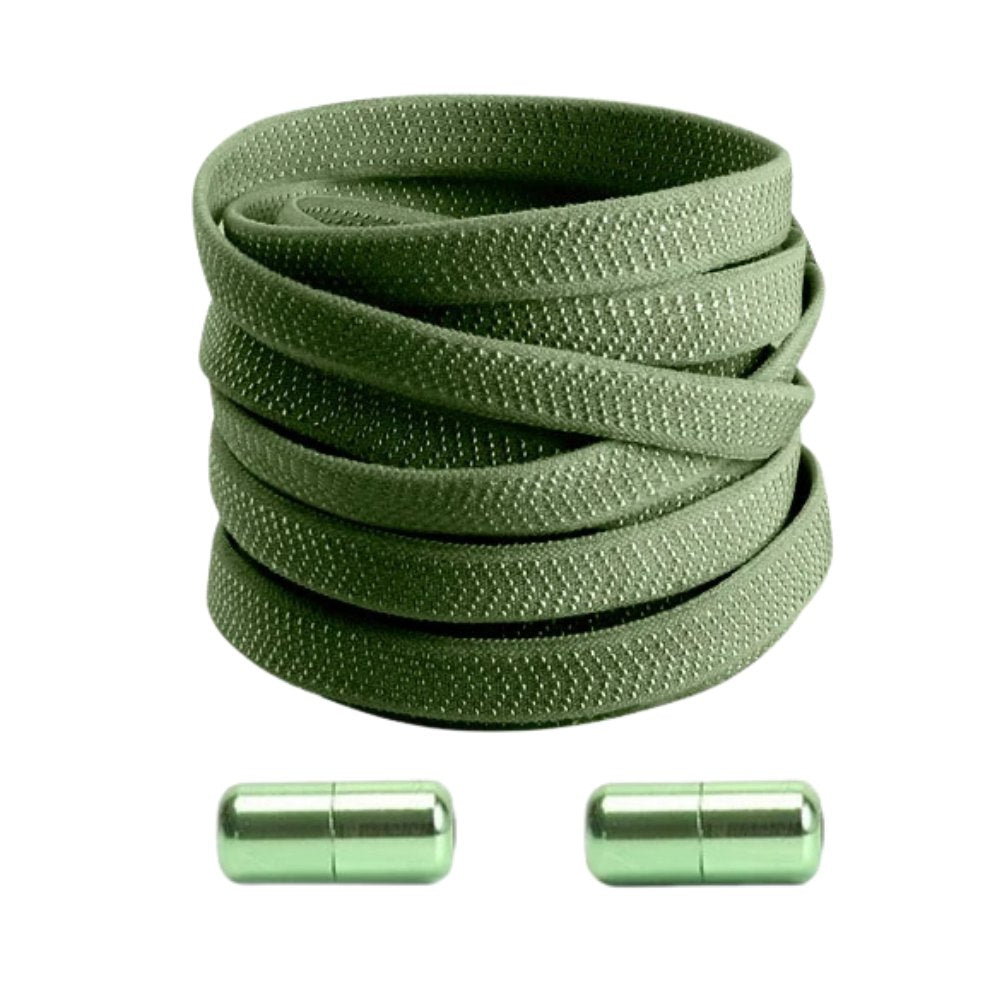 Army green textured elastic no-tie shoelaces with a twist capsule lock.