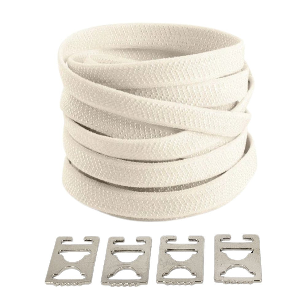 Beige textured elastic no-tie shoelaces with an invisible clip.