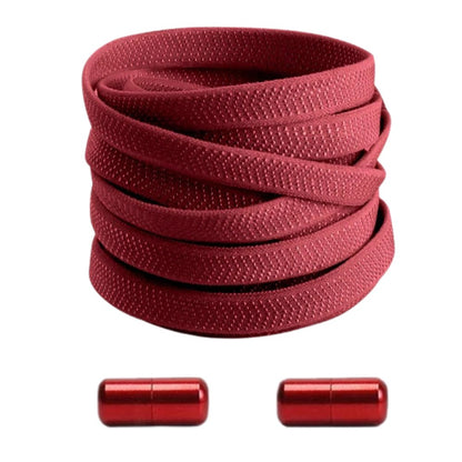 Wine red textured elastic no-tie shoelaces with a twist capsule lock.