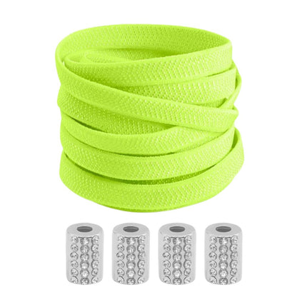 Fluorescent green textured elastic no-tie shoelaces with a round anklet lock and rhinestone gems.