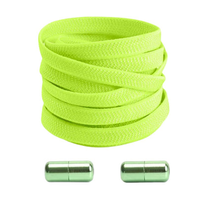 Fluorescent green textured elastic no-tie shoelaces with a twist capsule lock.