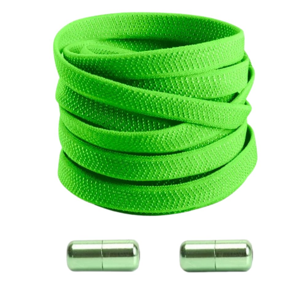 Green textured elastic no-tie shoelaces with a twist capsule lock.