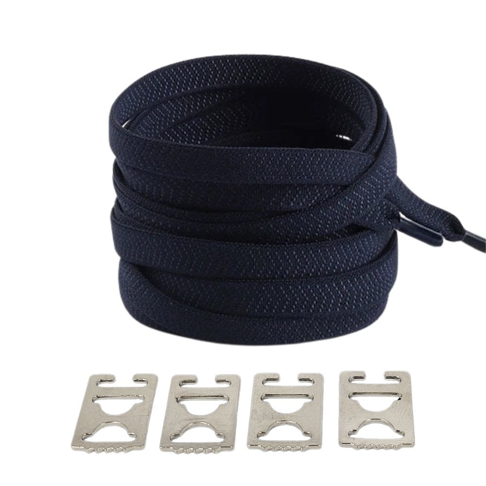 Navy blue textured elastic no-tie shoelaces with an invisible clip.