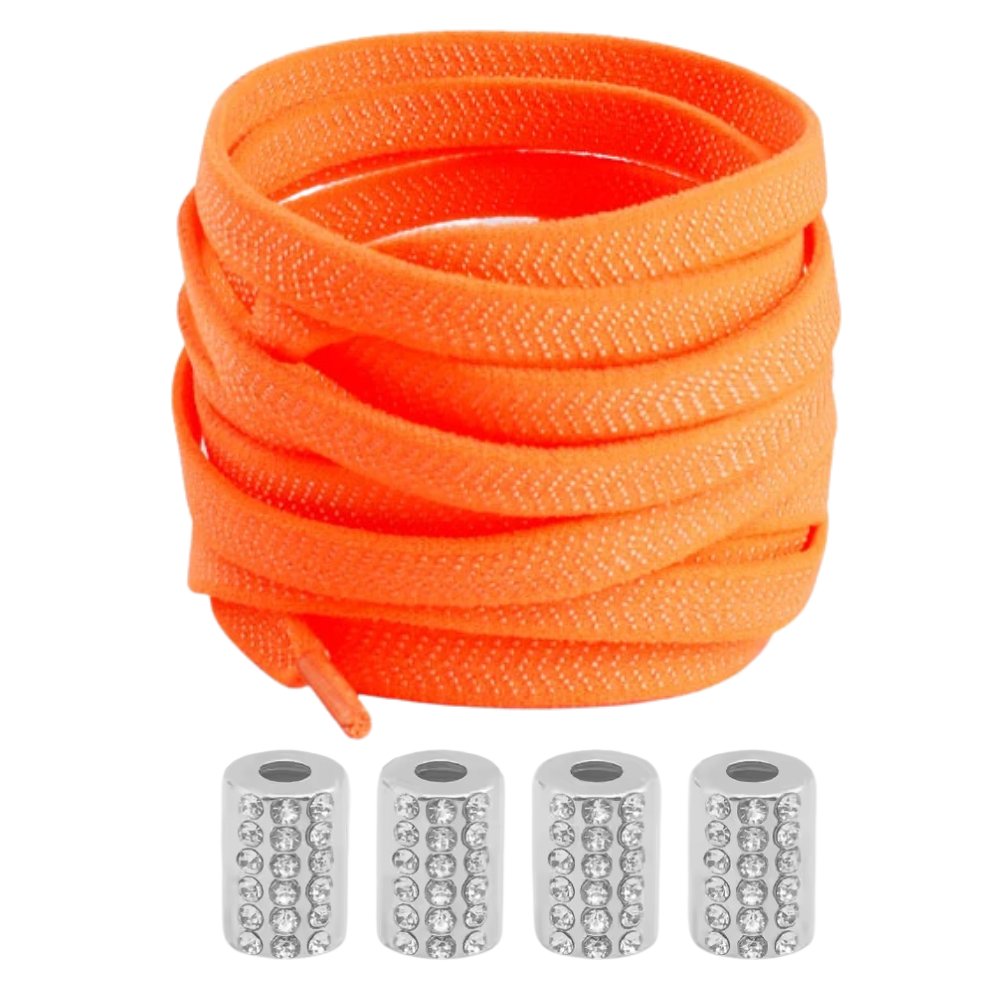 Orange textured elastic no-tie shoelaces with a round anklet lock and rhinestone gems.