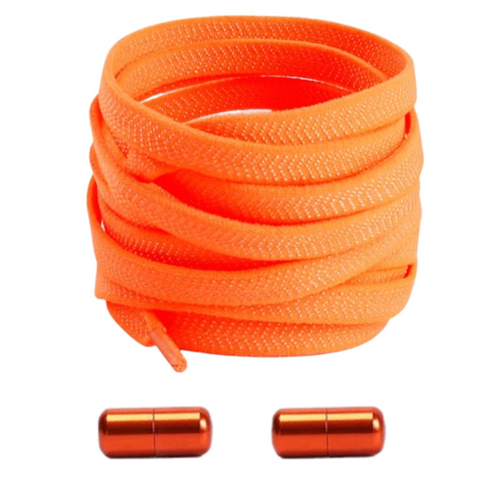 Orange textured elastic no-tie shoelaces with a twist capsule lock.