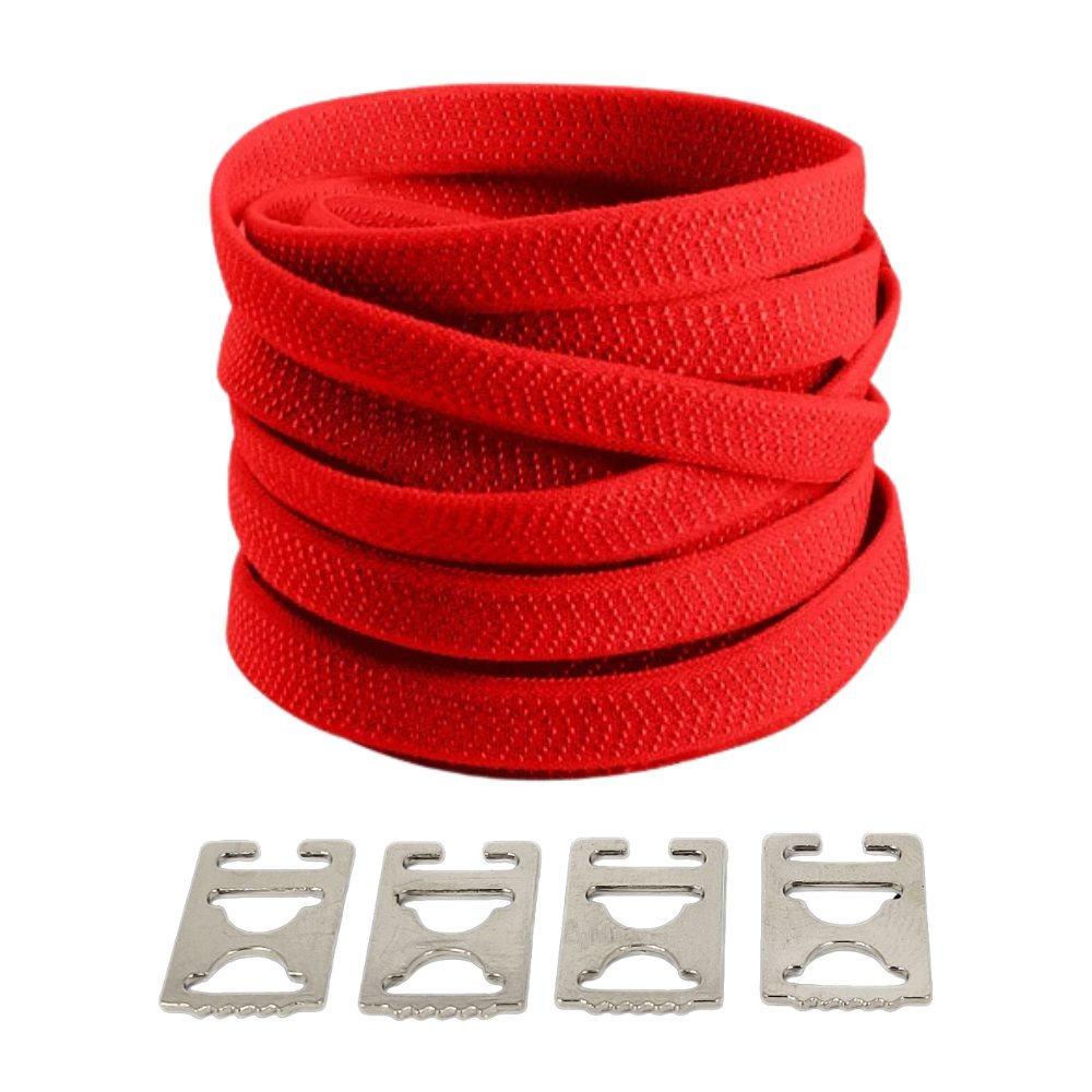 Red textured elastic no-tie shoelaces with an invisible clip.