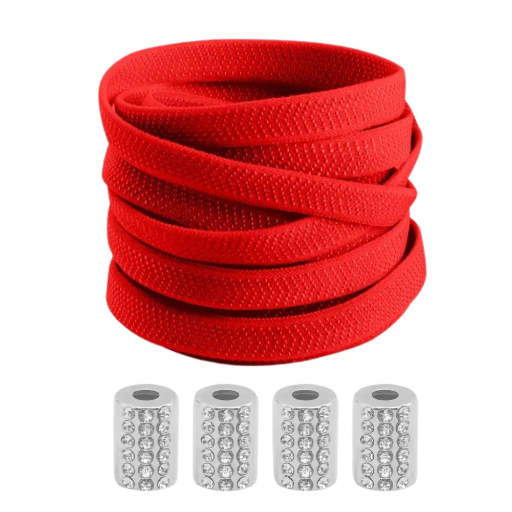 Red textured elastic no-tie shoelaces with a round anklet lock and rhinestone gems.