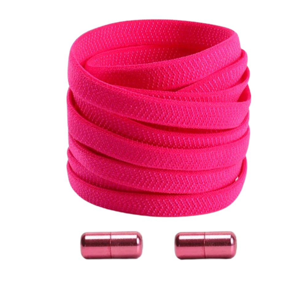 Rose red textured elastic no-tie shoelaces with a twist capsule lock.