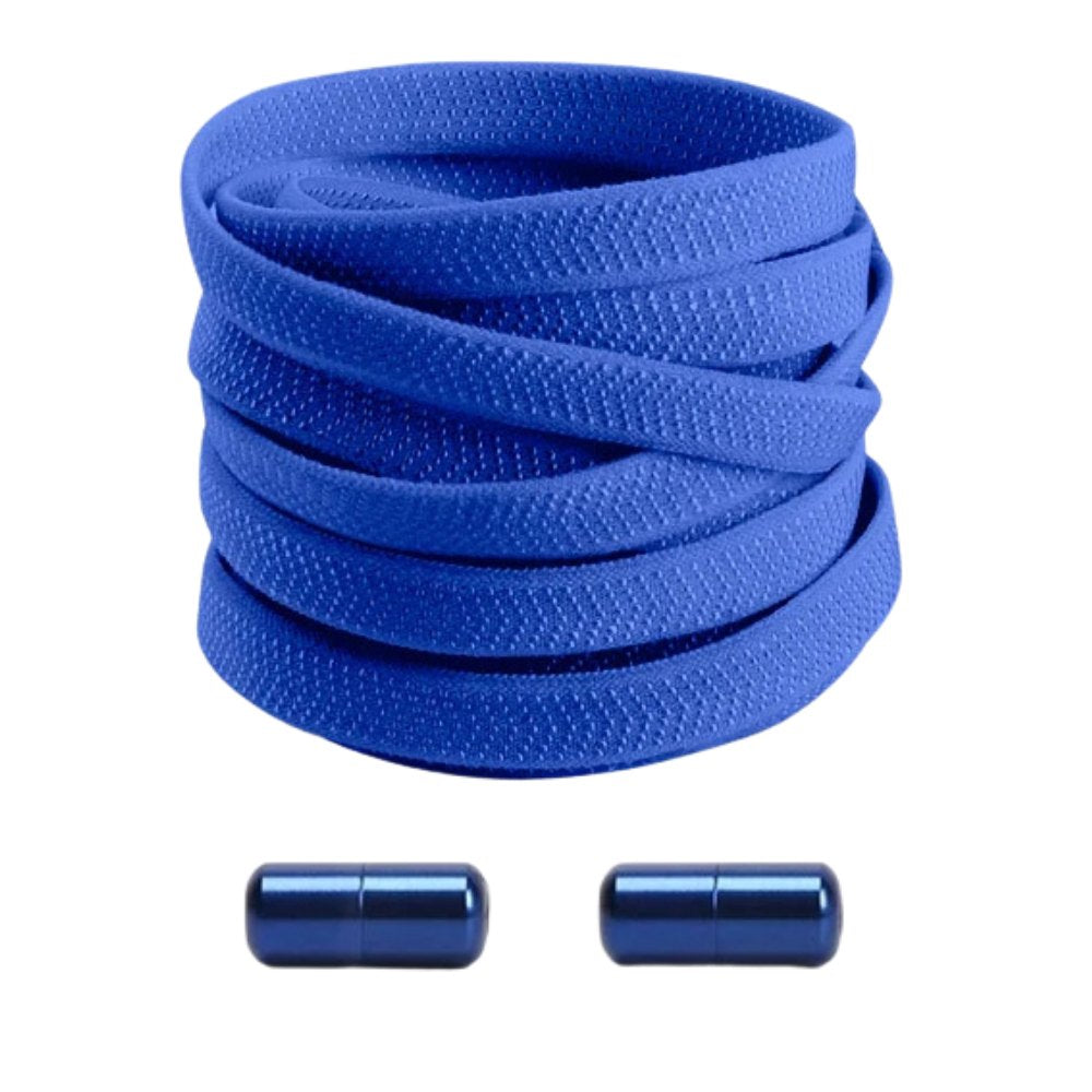 Blue textured elastic no-tie shoelaces with a twist capsule lock.