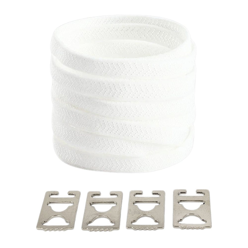 White textured elastic no-tie shoelaces with an invisible clip.