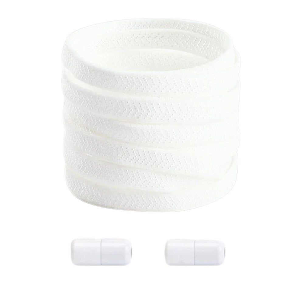 White textured elastic no-tie shoelaces with a twist capsule lock.