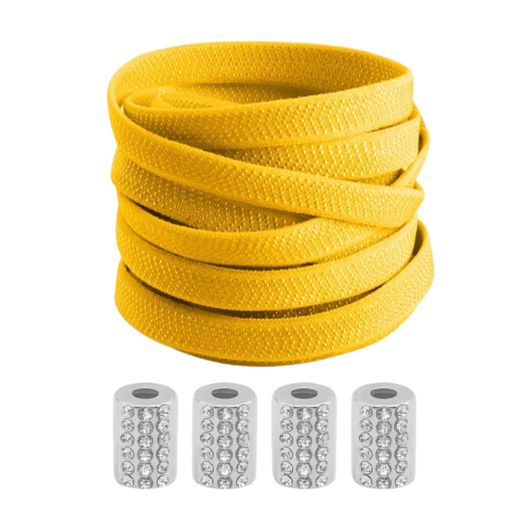 Yellow textured elastic no-tie shoelaces with a round anklet lock and rhinestone gems.