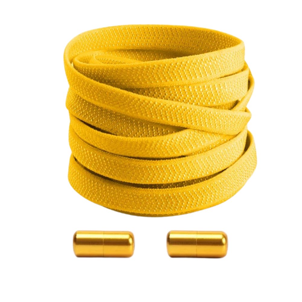 Yellow textured elastic no-tie shoelaces with a twist capsule lock.