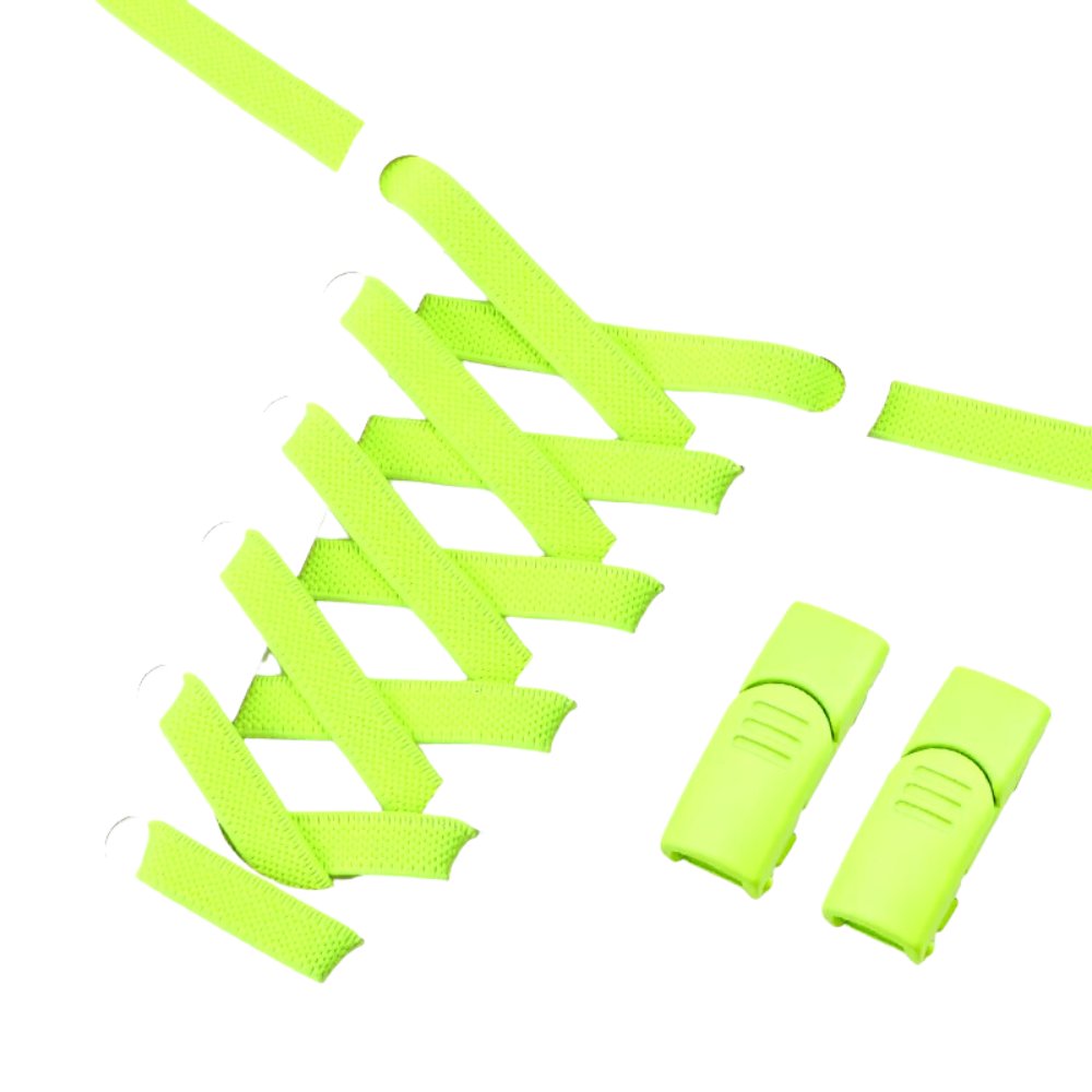 Fluorescent green elastic no-tie shoelaces with a silver magnetic lock.