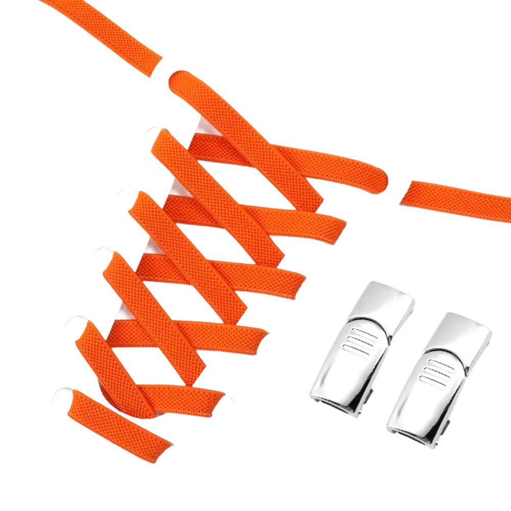 Orange elastic no-tie shoelaces with a silver magnetic lock.