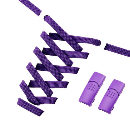 Purple elastic no-tie shoelaces with a silver magnetic lock.