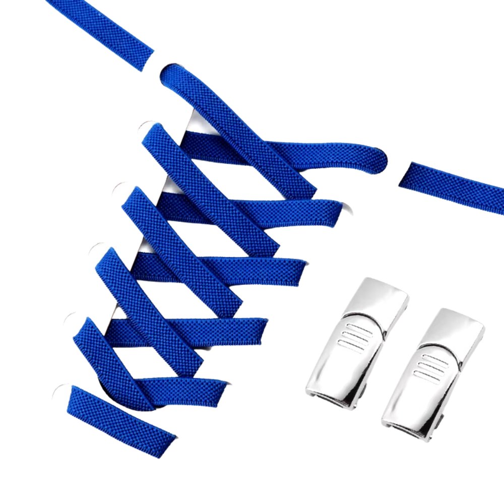 Royal blue elastic no-tie shoelaces with a silver magnetic lock.